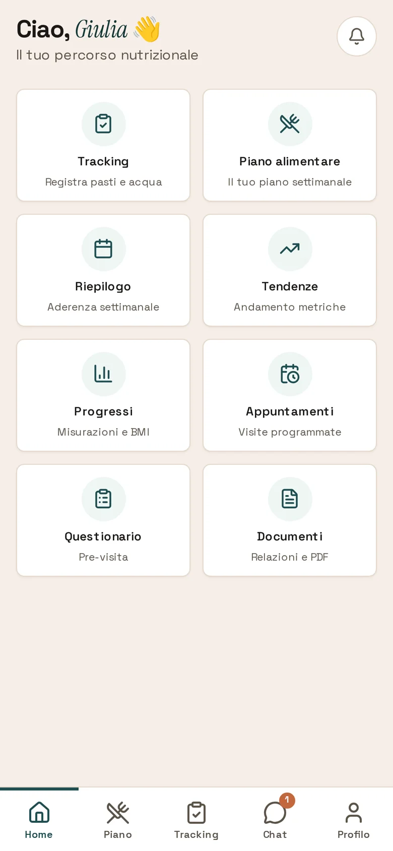 L'app del paziente: piano alimentare del giorno con i pasti da spuntare